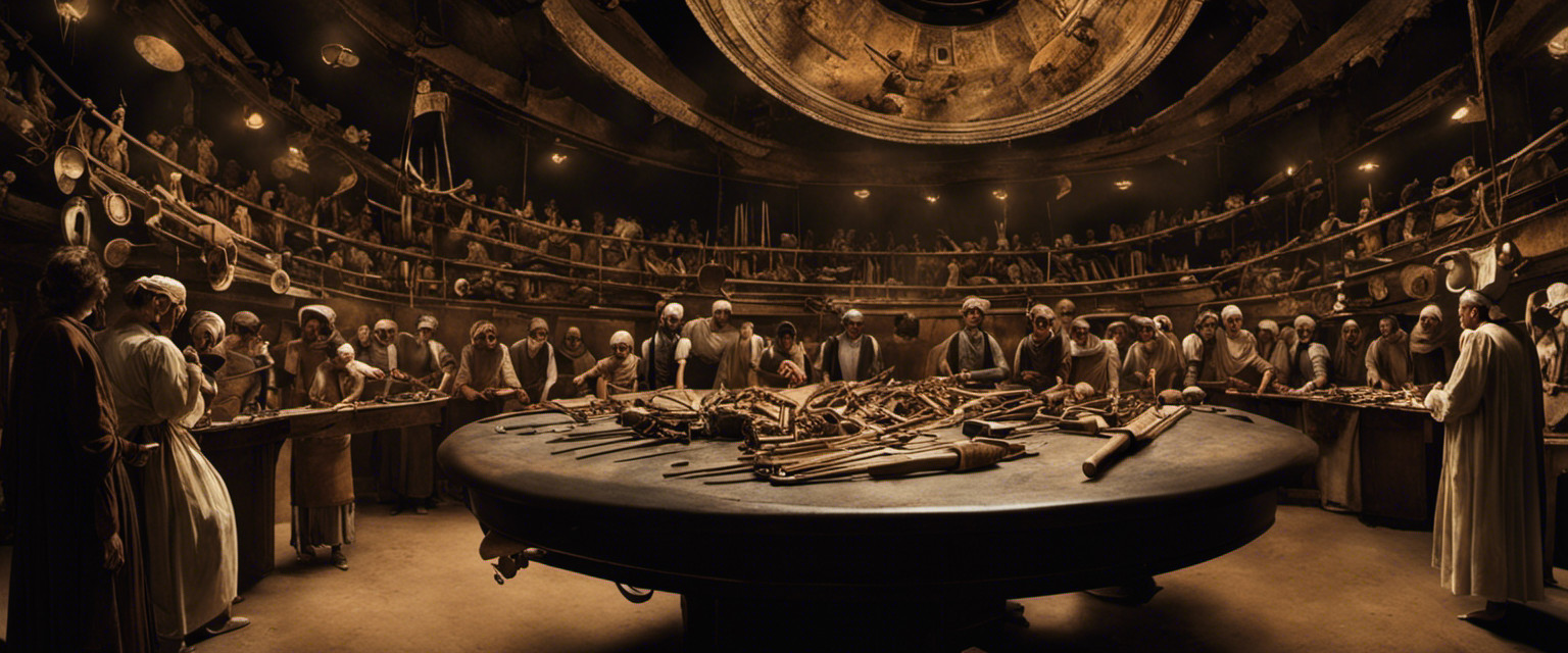 An image showcasing an ancient surgical theater, filled with curious instruments like bone saws, trephines, and cauteries