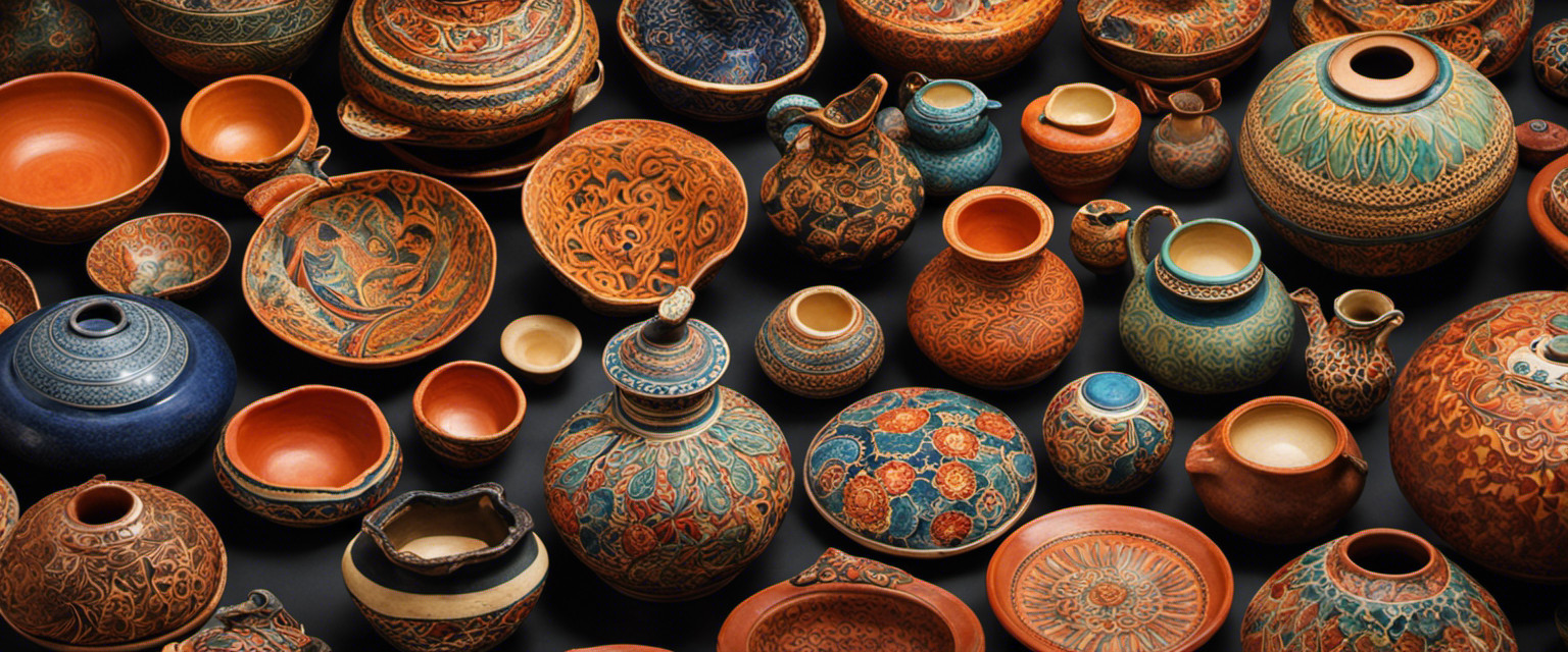An image showcasing a vibrant collection of pottery pieces from diverse cultures across the globe