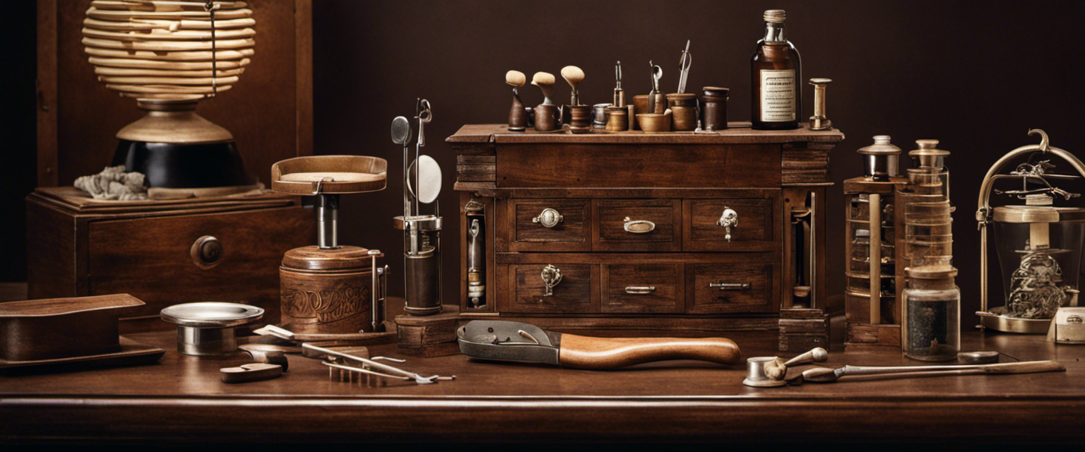 An image showcasing a vintage dentist's office with an old wooden cabinet filled with peculiar dental instruments, including an intricately designed prototype of dental floss, hinting at the intriguing history behind its first known use