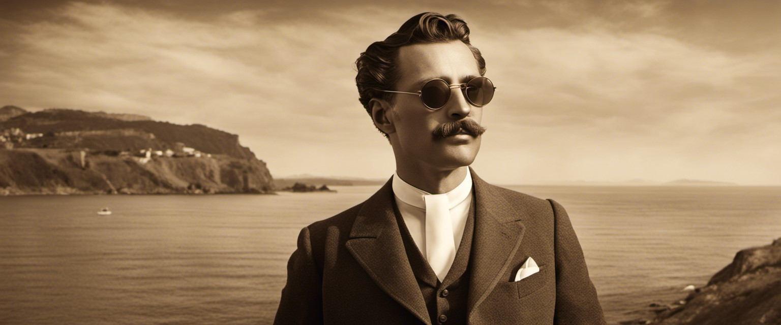 An image featuring a vintage sepia-toned photograph of a 19th-century gentleman sporting early sunglasses, with small dark lenses attached by thin metal frames, reflecting a serene seaside landscape