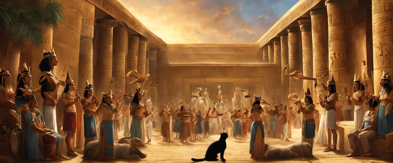 An image capturing the enchanting scene of ancient Egypt, where a mesmerized crowd gathers around a mesmerizing feline performance