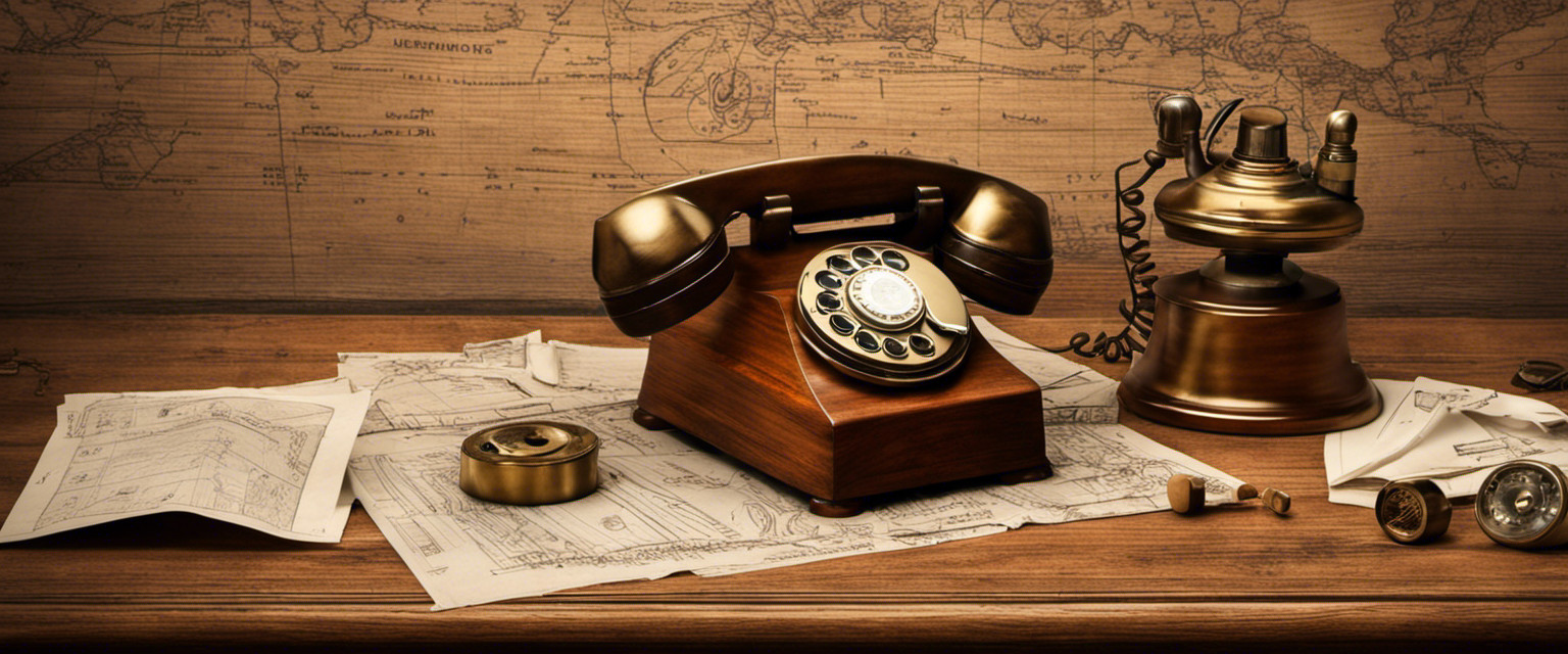 An image showcasing an antique wooden desk adorned with a brass rotary phone