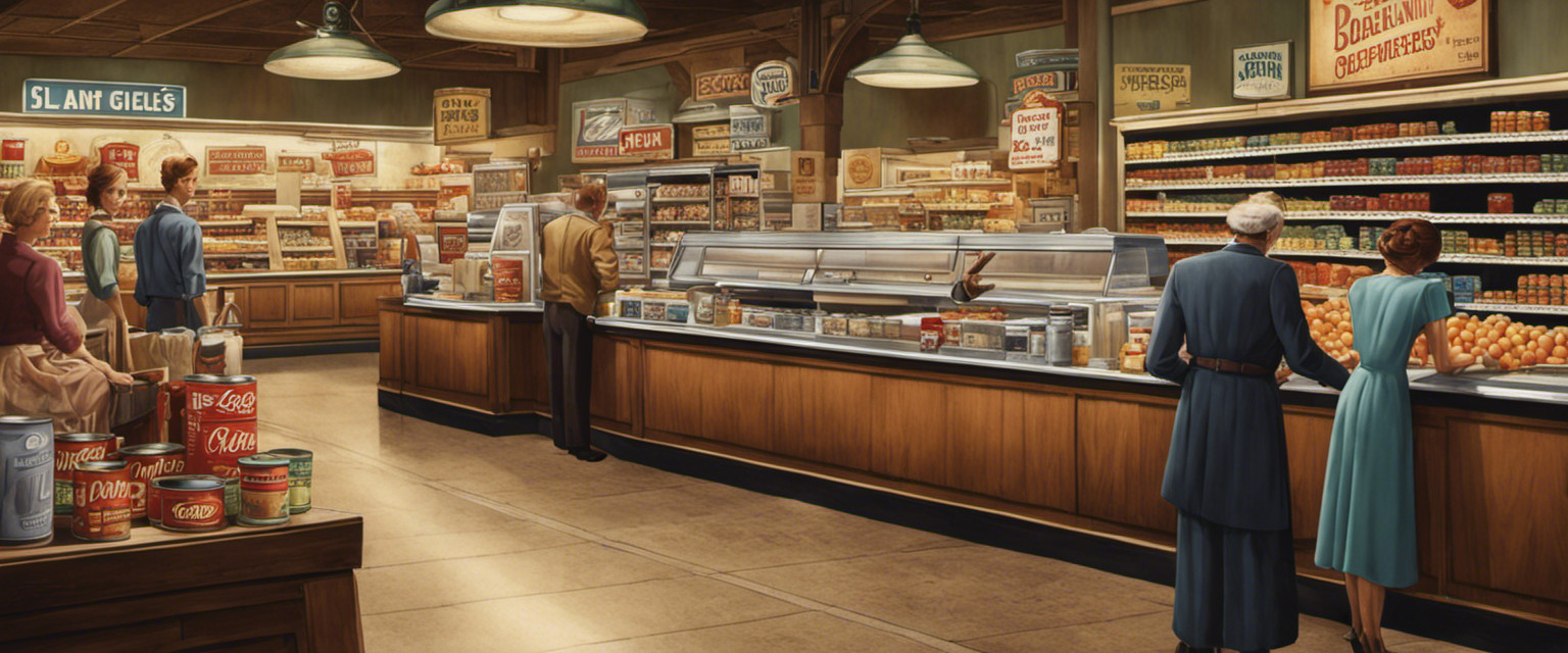 An image that portrays a vintage grocery store scene, with a bored cashier mindlessly scanning a barcode on a can of soup, while customers in the background look on, oblivious to the groundbreaking technology being used