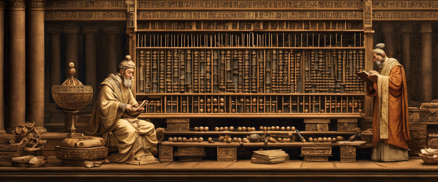 An image depicting an ancient scholar meticulously manipulating an abacus, surrounded by discarded scrolls and parchments filled with complex mathematical equations, highlighting the first recorded use of a calculator