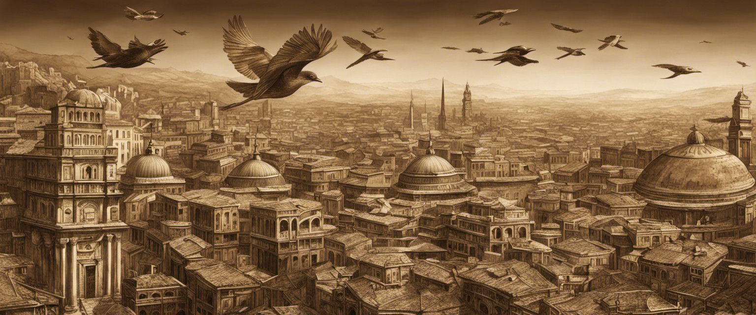 An image depicting a sepia-toned, bustling ancient cityscape with a small, ornate contraption resembling a wooden bird hovering in the sky