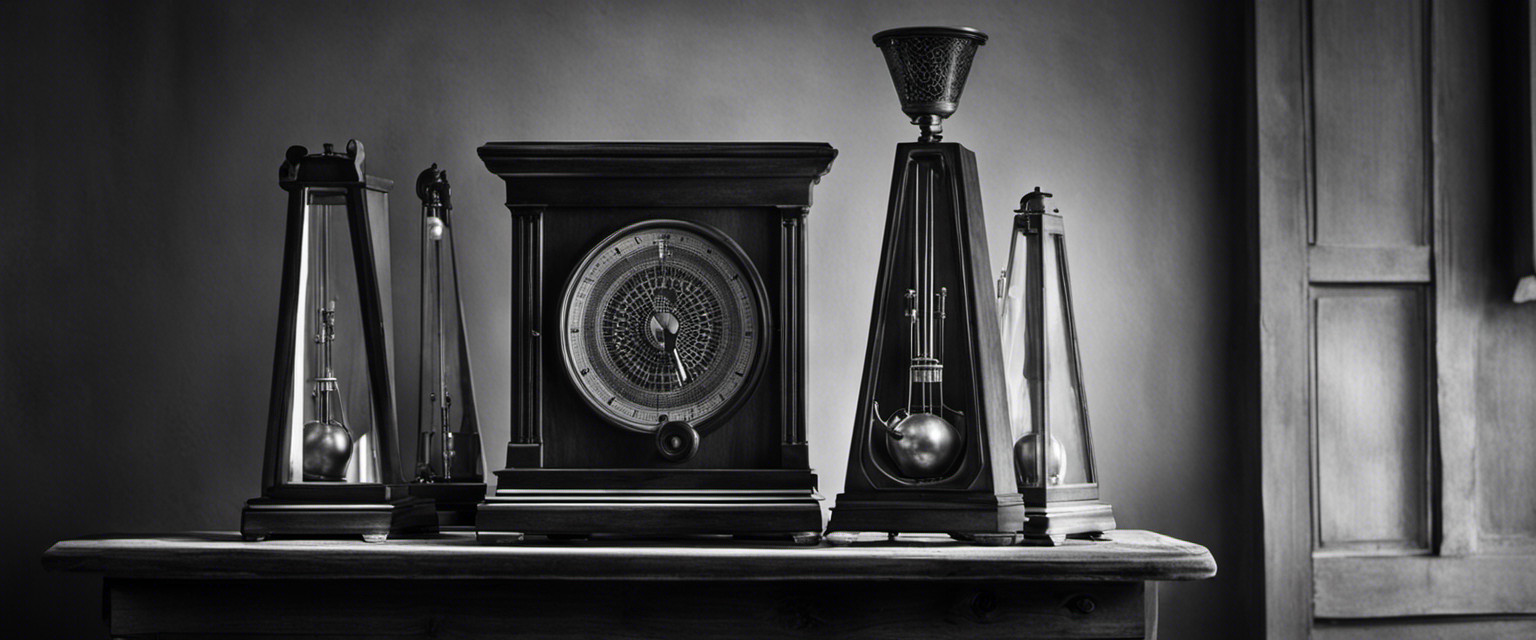 An image featuring a black and white photograph of a dimly lit room with an antique wooden table, adorned with an intricately designed metronome placed off-center