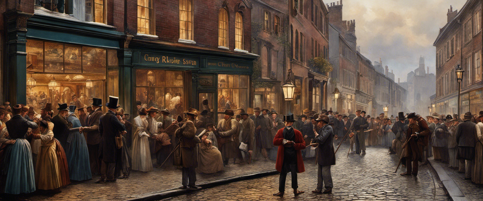 An image featuring a bustling 19th-century street, a curious crowd watching a man holding a long stick with a camera attached, capturing his own reflection