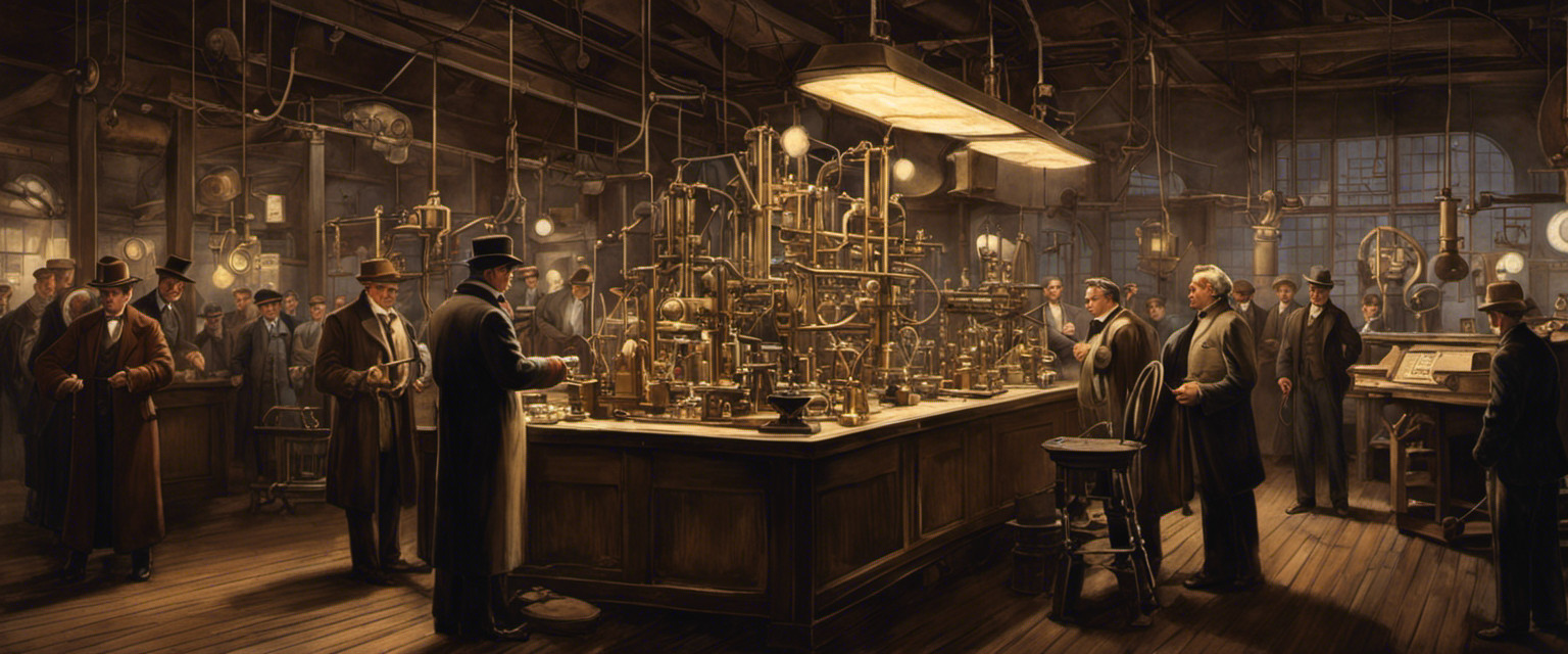An image depicting a vintage scene of a dimly lit laboratory with Thomas Edison holding a bulky contraption, surrounded by curious onlookers