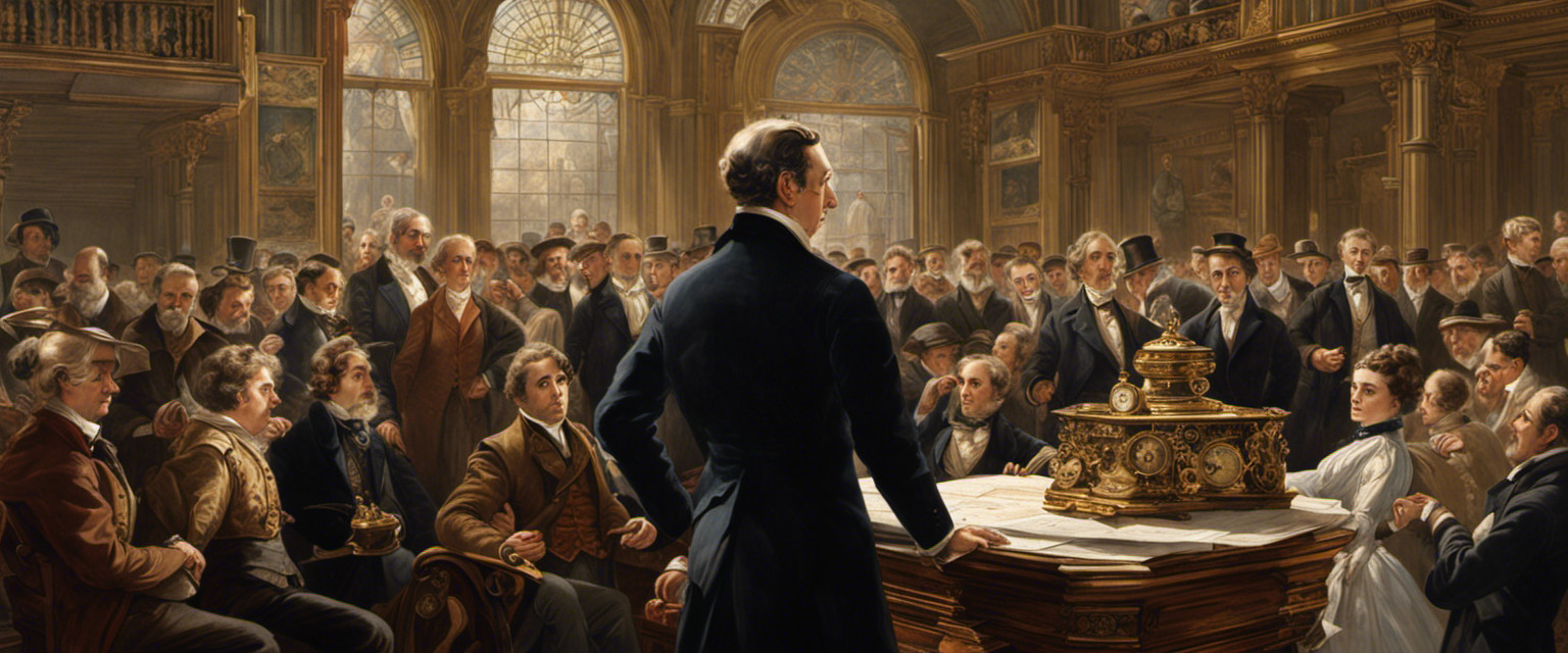 An image depicting a 19th-century gentleman, meticulously measuring time with a petite, intricate wristwatch, while a bemused crowd surrounds him, bewildered by this seemingly unnecessary innovation