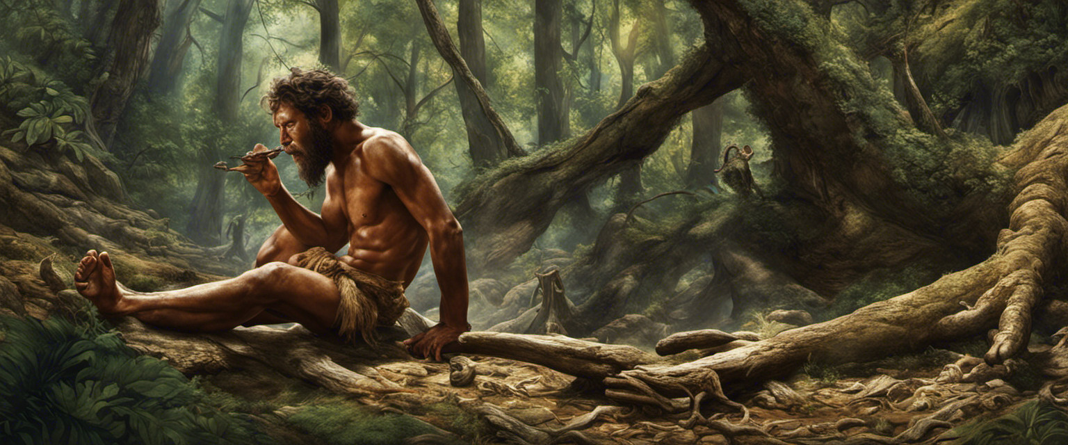 An image showcasing a primitive scene: a prehistoric human, barefoot, chewing on a sticky resinous substance extracted from a tree, with a look of curiosity mixed with confusion on their face