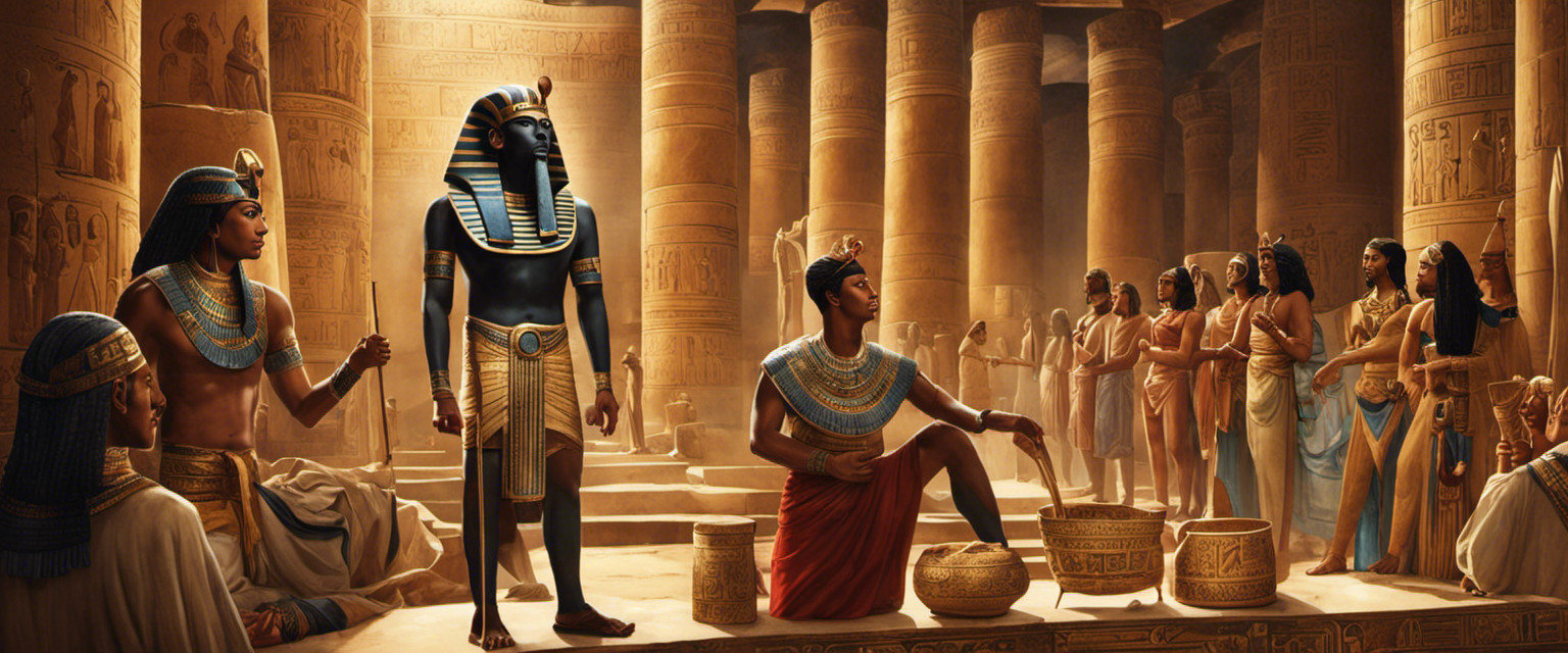 An image showcasing an ancient Egyptian scene: a perplexed Pharaoh holding a papyrus scroll, while attendants present him with various alternatives to toilet paper, including shards of pottery, sand, and leaves