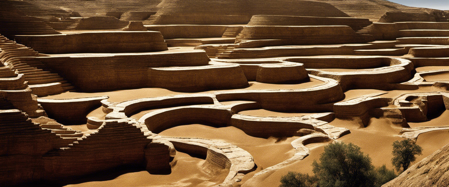 An image showcasing the lineage of ancient terraces, from primitive stone formations to intricate step-like structures, portraying their historical evolution through time, invoking curiosity about their purpose and significance