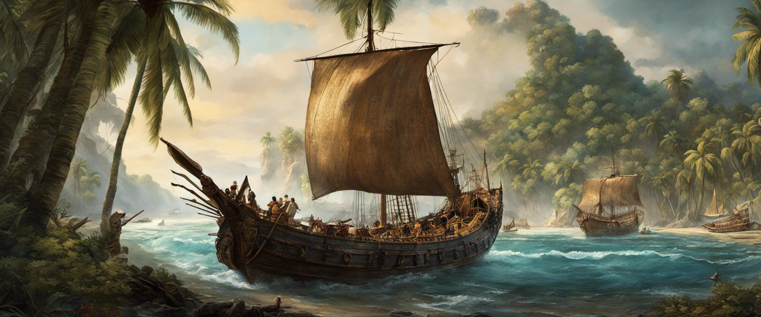 An image showcasing ancient seafaring tribes: weathered wooden ships with intricate carvings, sailors navigating treacherous waters, and mysterious artifacts strewn on a deserted beach, whispering tales of forgotten voyages