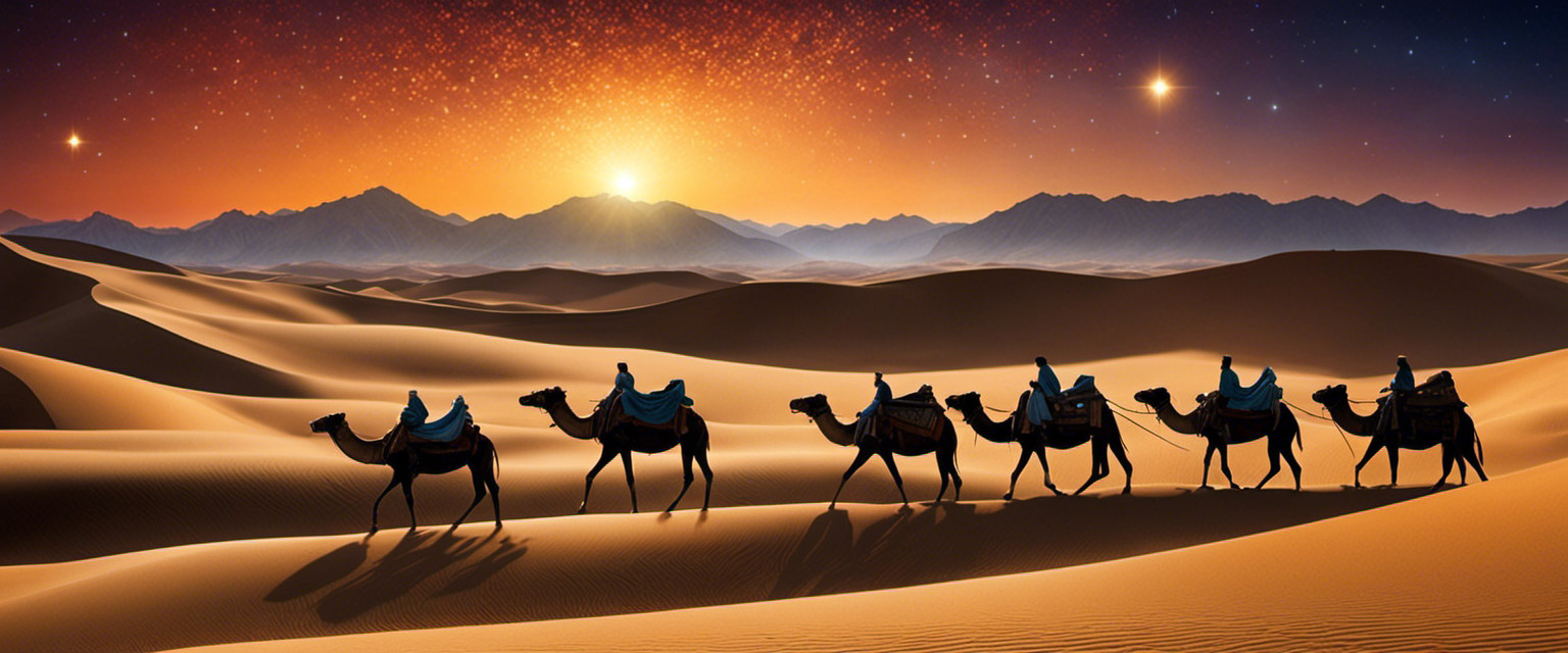 An image capturing the mystical allure of the Silk Road: a caravan of camels traversing vast desert dunes beneath a star-studded night sky, evoking the timeless tales and forgotten histories of this ancient trade route