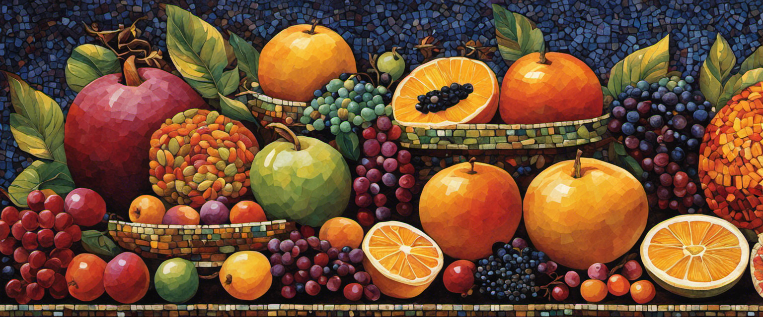 An image that showcases a vibrant mosaic artwork, meticulously crafted from an assortment of dried fruits