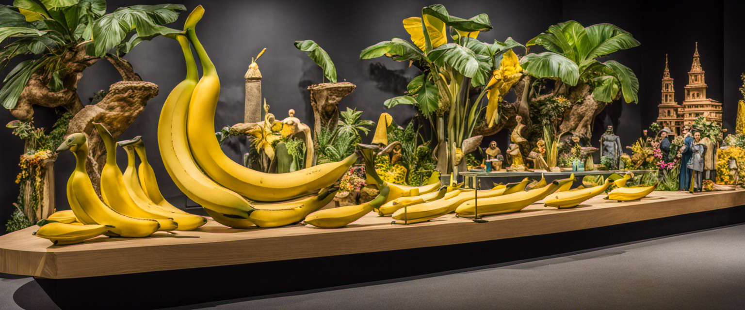 An image showcasing a whimsical scene of a banana dolphin art sculpture exhibition, with various historical representations