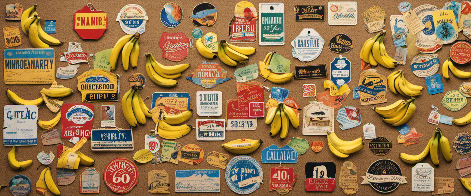 An image showcasing a vibrant collage of banana stickers and price tags from different eras, forming a whimsical timeline