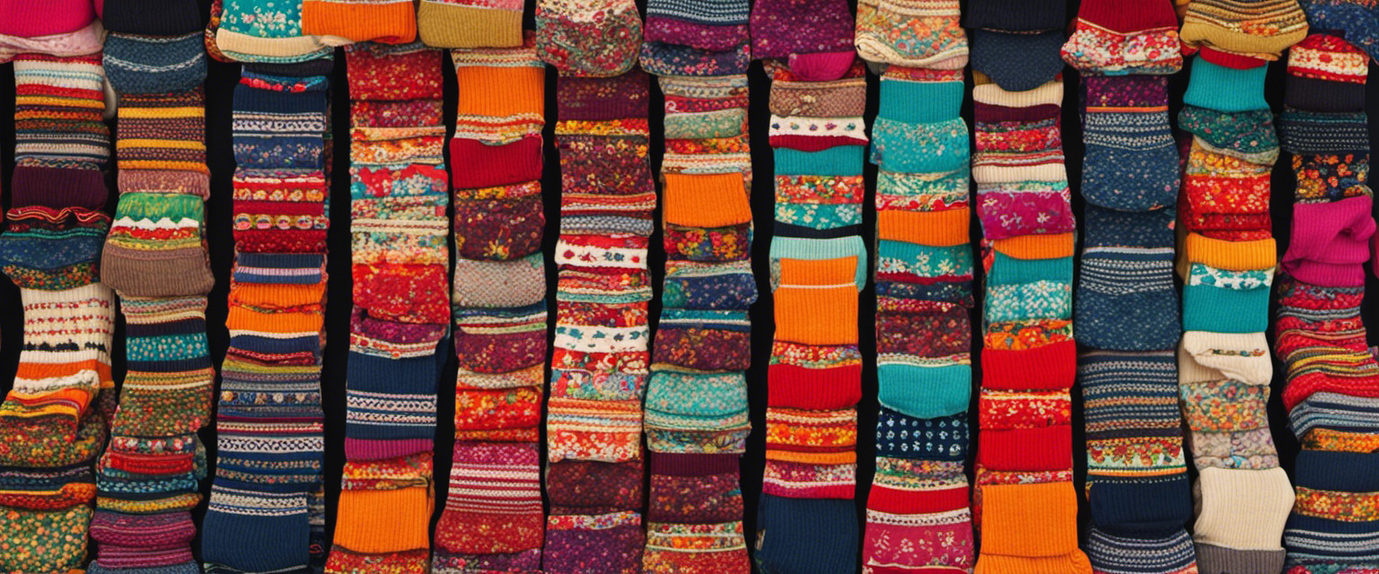 An image showcasing an eclectic collection of vintage socks arranged meticulously with vibrant patterns and colors
