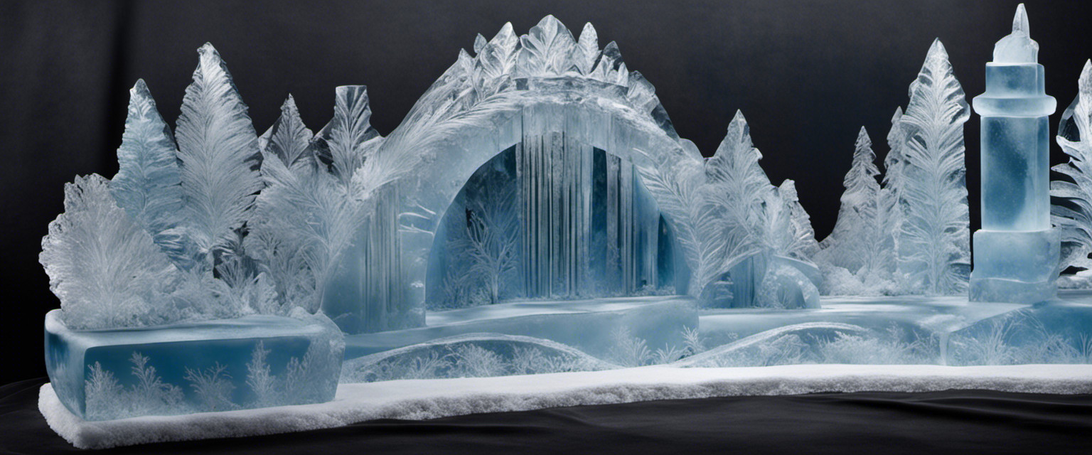 An image featuring an icy landscape with sculptors chiseling intricate designs into frozen blocks, showcasing the evolution of natural ice sculpture techniques throughout history