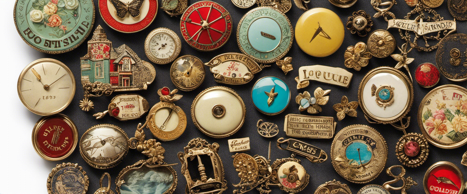 An image capturing the essence of forgotten nostalgia, featuring a vibrant collage of vintage friendship pins and buttons, showcasing their intricate designs, faded colors, and a hint of whimsical charm