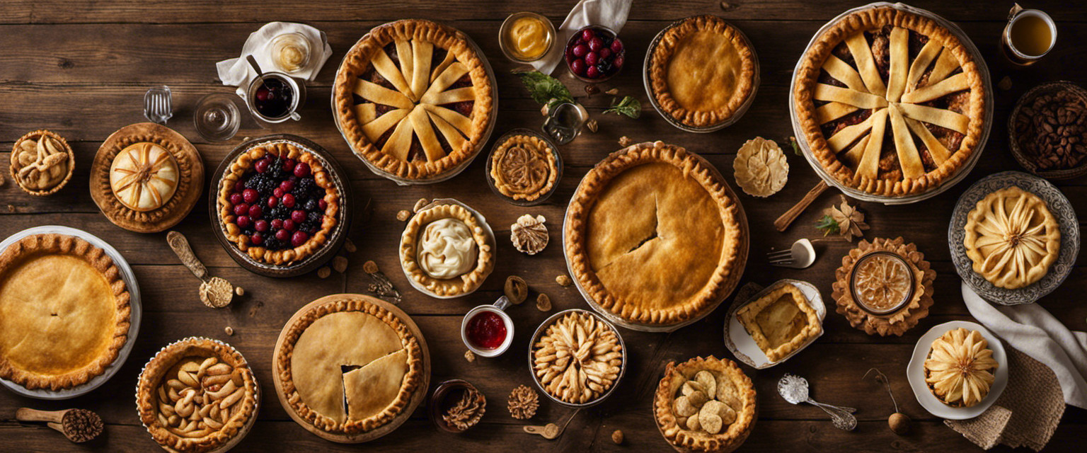 An image depicting an antique wooden table adorned with an array of intricately decorated homemade pies, each showcasing distinct historical patterns and flavors