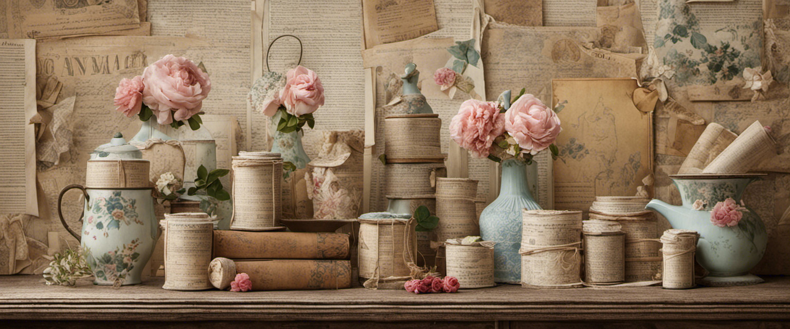 An image showcasing a whimsical tableau of vintage household items: a faded floral print wallpaper backdrop, delicate lace ribbons interlaced with twine, and meticulously folded newspaper pages adorned with hand-drawn illustrations of gift recipients