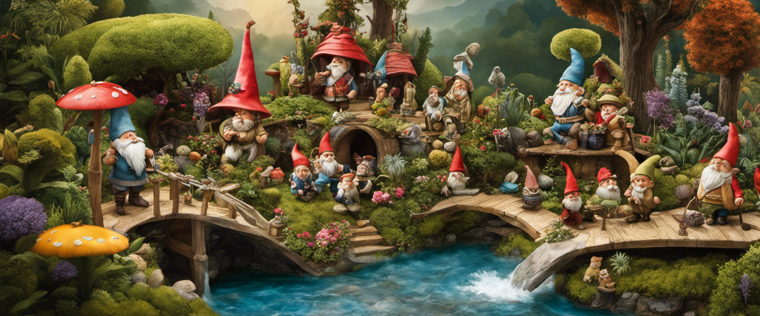 An image of a whimsical garden, adorned with an array of historically inaccurate gnome displays