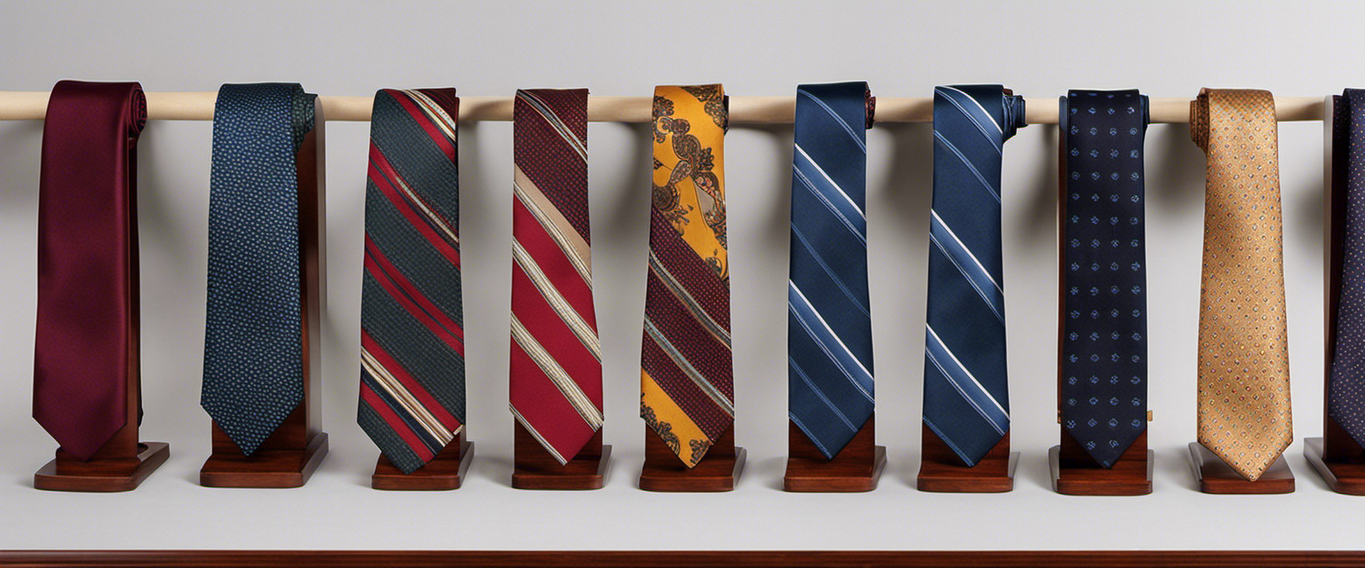 An image showcasing a vast collection of vintage novel neckties, meticulously arranged on a mahogany display stand