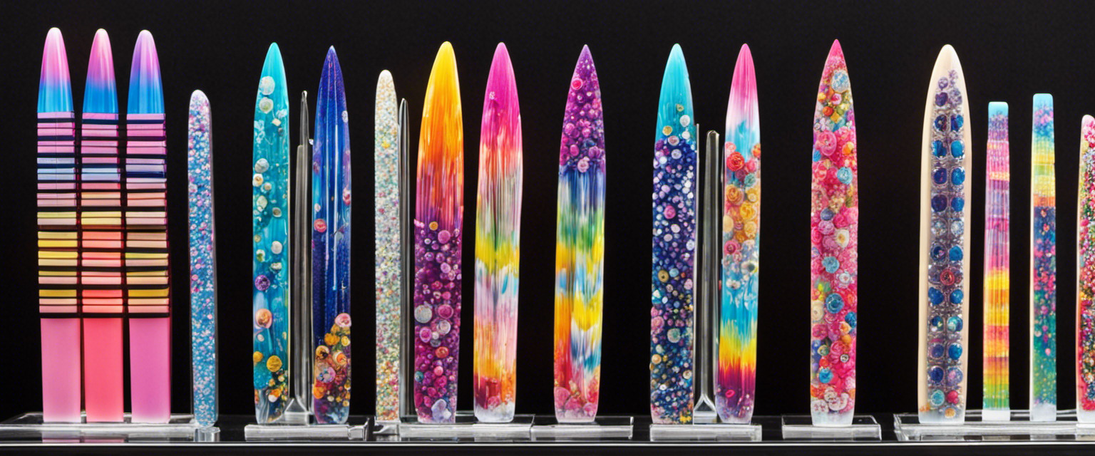 An image showcasing an array of vibrant, intricately designed novelty nail files displayed on a pristine, glass exhibition stand
