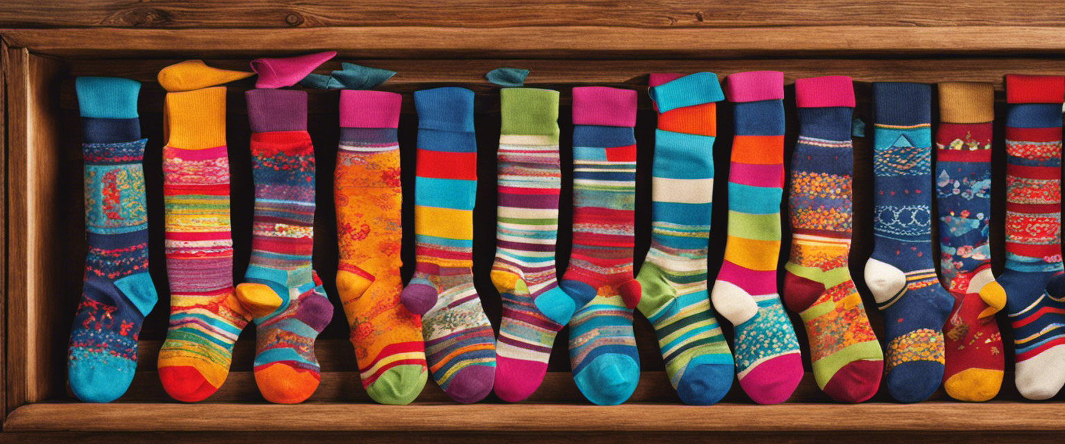 An image capturing the essence of novelty sock collecting history: a vibrant collage of mismatched socks, donning various whimsical patterns, neatly organized in an antique wooden drawer, evoking nostalgia and eccentricity