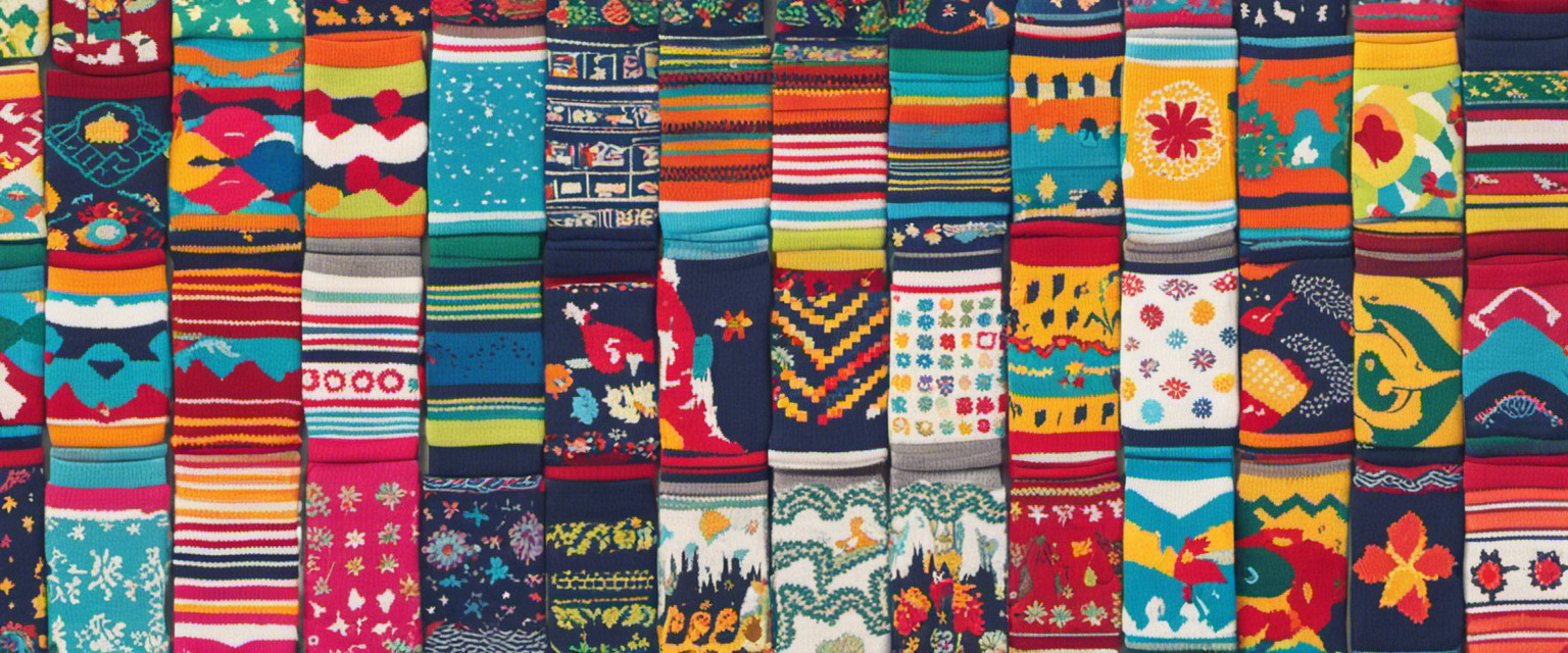 An image capturing the essence of novelty sock ownership history; showcase a vibrant mosaic of mismatched socks, each featuring eccentric patterns, whimsical characters, and quirky designs, evoking a sense of playful nostalgia