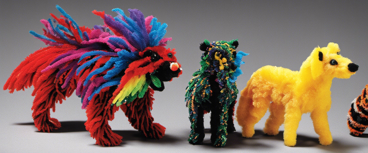 An image showcasing a vibrant array of meticulously crafted pipe cleaner animal creations, capturing the evolution of this peculiar art form throughout history