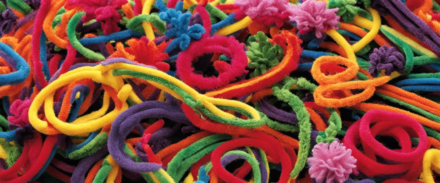 An image showcasing a vibrant array of multicolored pipe cleaners artfully arranged in various shapes, capturing the whimsical essence of bygone eras in pipe cleaner crafting