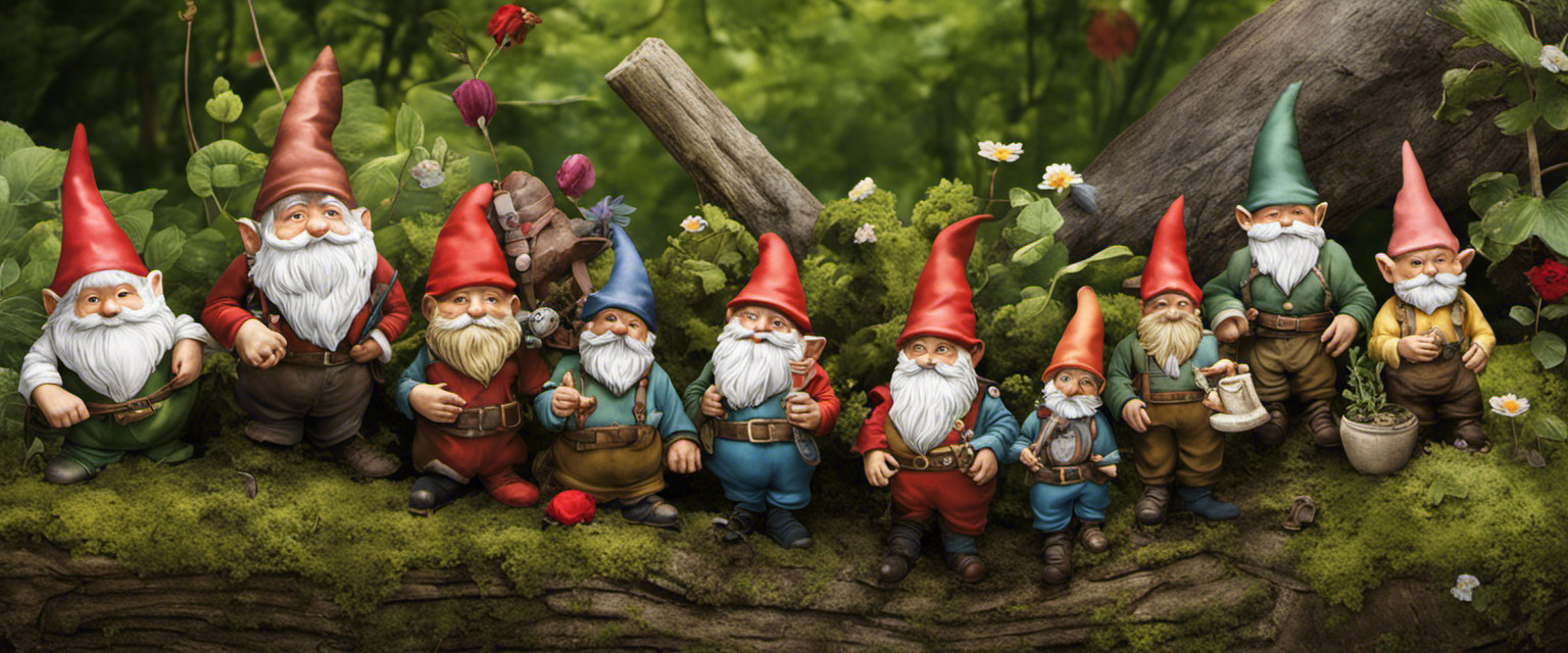 An image capturing the essence of quirky garden gnome ownership history: a whimsical, overgrown garden with mischievous gnomes sporting vintage attire, surrounded by peculiar gnome-themed artifacts, telling tales of forgotten gnome enthusiasts