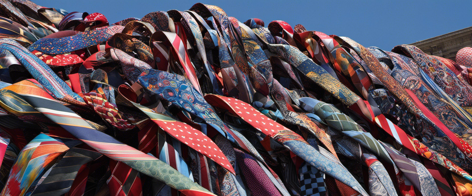 An image featuring a giant abstract sculpture made entirely of colorful, mismatched neckties, towering above a crowd of perplexed onlookers