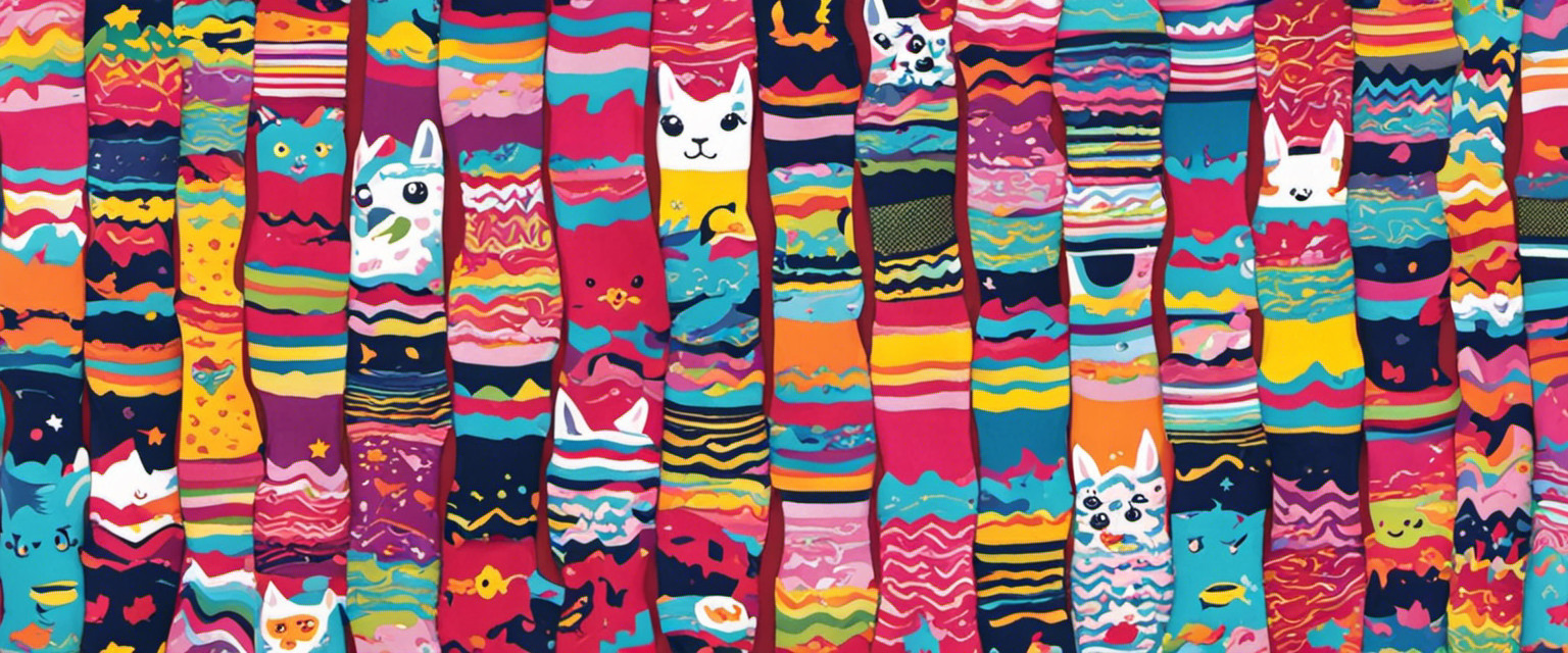 An image featuring a colorful, cluttered sock drawer overflowing with mismatched quirky novelty socks, with patterns like unicorns, aliens, and bacon, showcasing the odd and forgotten history of eccentric sock ownership
