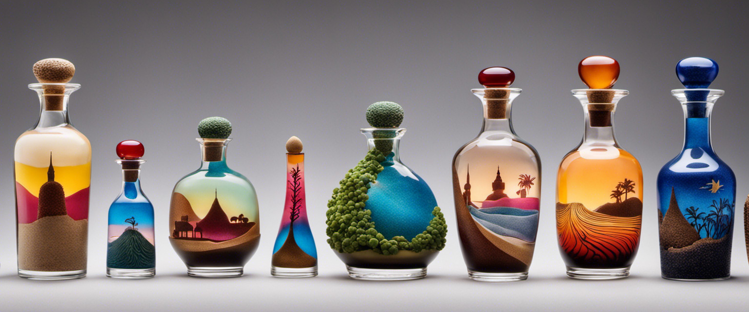 An image showcasing a collection of intricately crafted sand art bottles, featuring vibrant layers of colored sand meticulously poured into delicate glass vessels, embodying the rich and captivating history of this seemingly useless yet fascinating art form