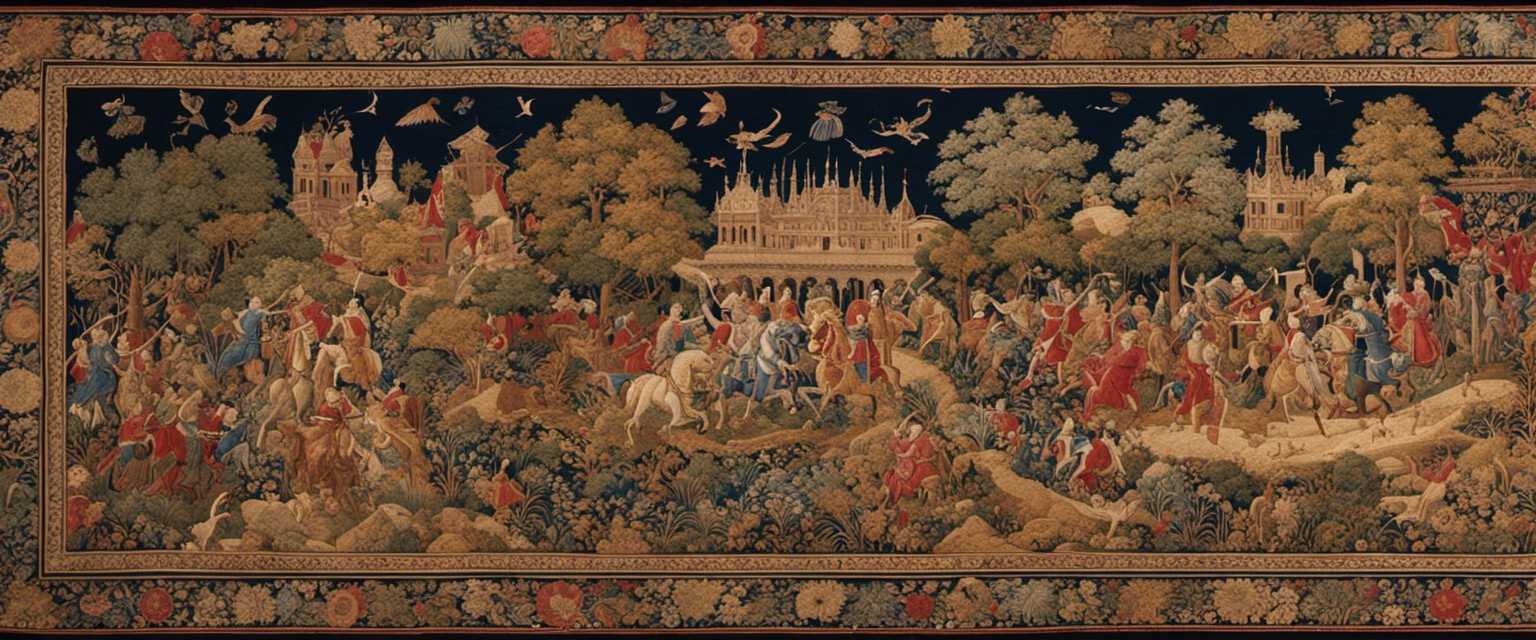 An image capturing the essence of tapestries as historical records: a grand tapestry unfurls, adorned with intricate threads depicting ancient battles, mythological figures, and cultural symbols, revealing forgotten tales of the past