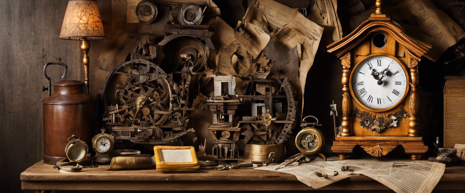 An image featuring a vintage cuckoo clock surrounded by a cluttered table with scattered historical artifacts: faded letters, old photographs, and yellowed newspaper clippings, evoking the useless yet fascinating knowledge about its intriguing history