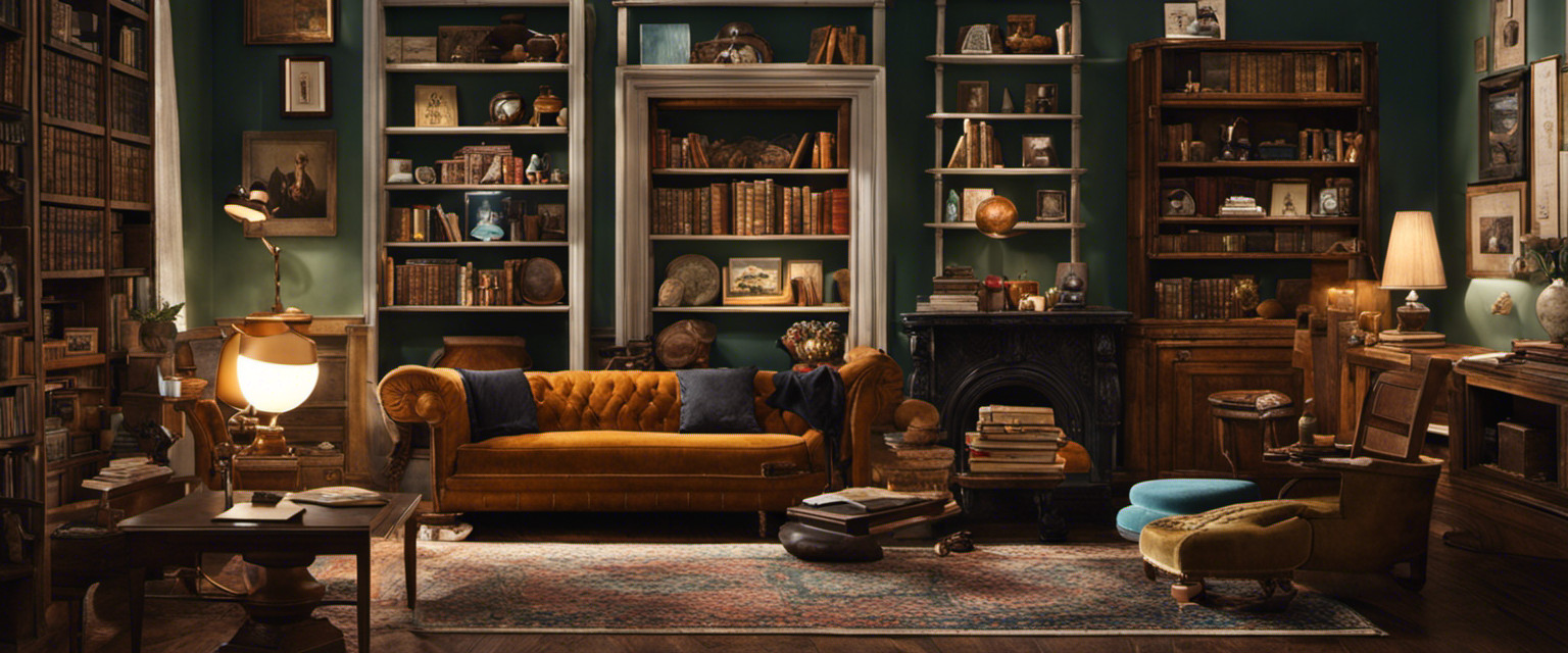 An image of a vintage-inspired living room, adorned with shelves filled with quirky memorabilia