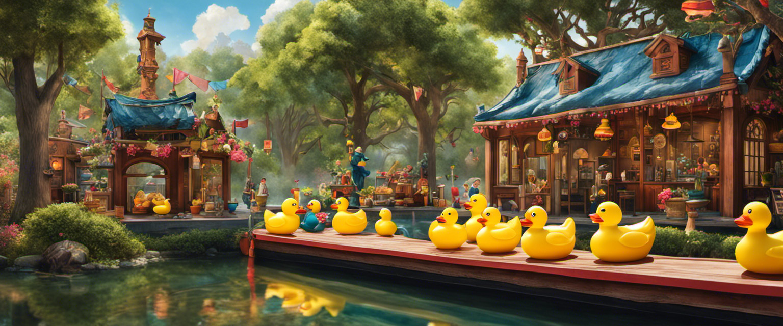 An image showcasing a vibrant, whimsical scene featuring a rubber duck museum, with historical artifacts like ancient rubber trees, a quirky timeline, and whimsical exhibits, reflecting the useless yet fascinating history of rubber ducks