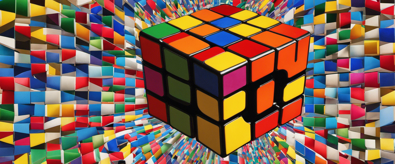 An image showcasing a vibrant, kaleidoscopic Rubik's Cube suspended mid-air, surrounded by faded vintage photographs of perplexed individuals from different eras attempting to solve it