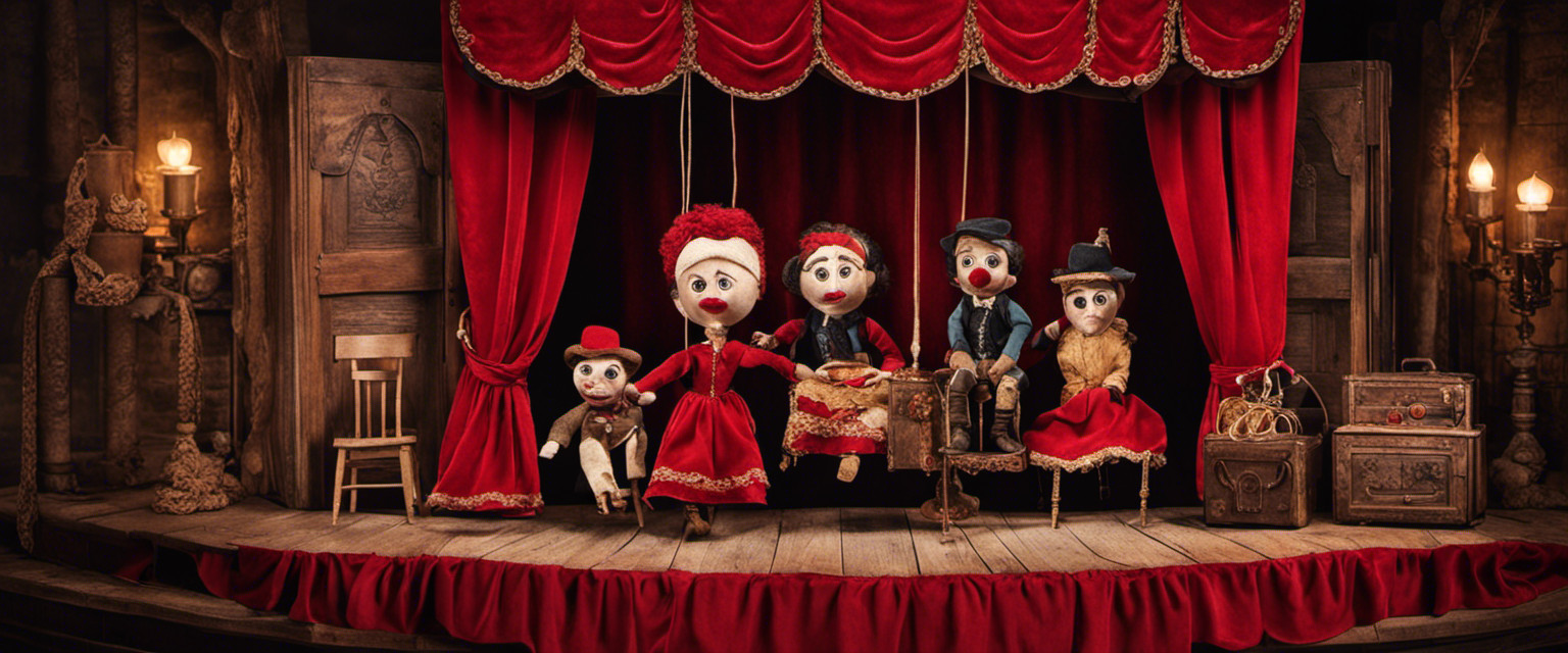 An image showcasing a vintage marionette theater stage, adorned with worn red velvet curtains, where a whimsical sock puppet with button eyes, patched fabric, and bobbly yarn hair steals the spotlight, narrating the forgotten history of its ancient puppetry ancestors