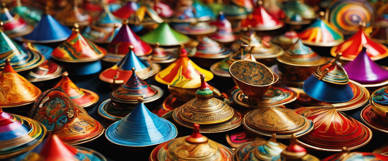 An image showcasing a vibrant kaleidoscope of spinning tops from various eras, exuding colors and patterns of antiquity