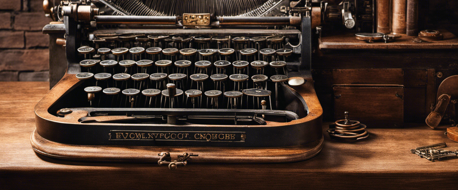 An image showcasing a vintage typewriter with its intricate mechanical parts, rusted keys, and faded letters, evoking a sense of nostalgia and curiosity about the obscure history of this iconic writing device