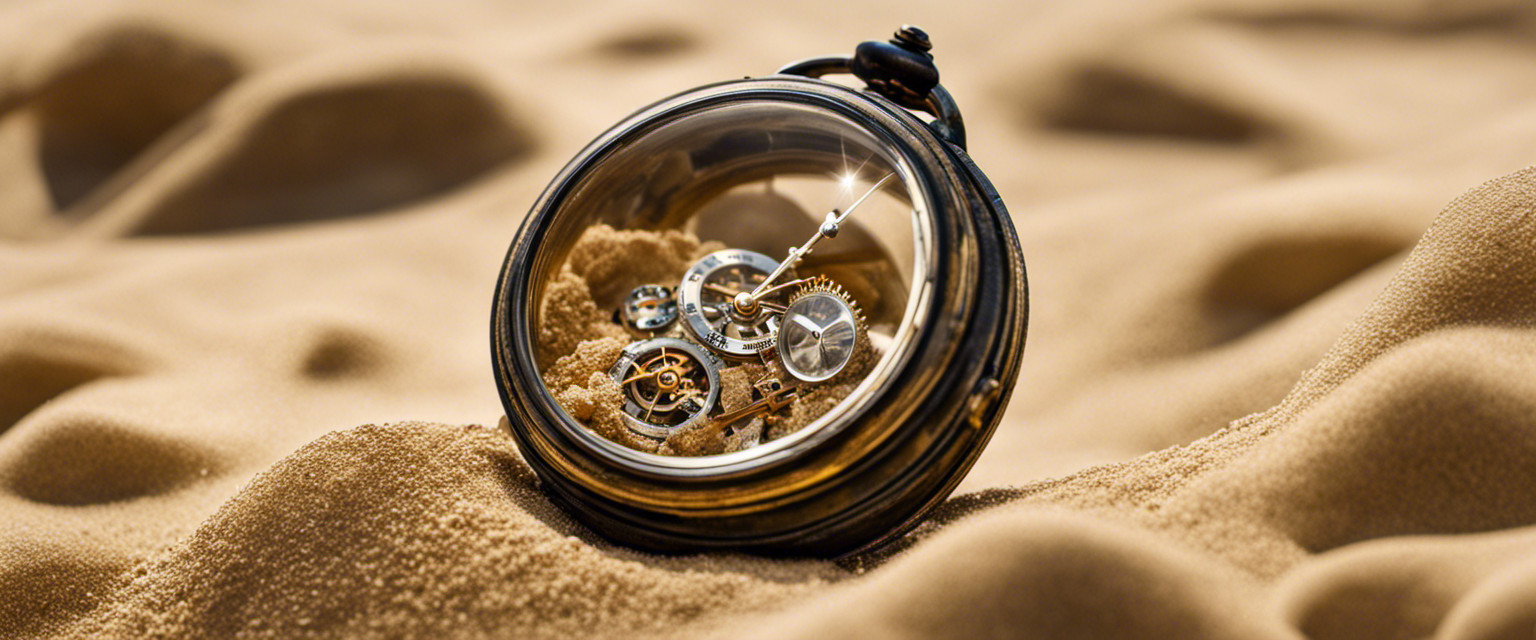 An image depicting a vintage wristwatch submerged in an hourglass filled with sand, symbolizing the passing of time