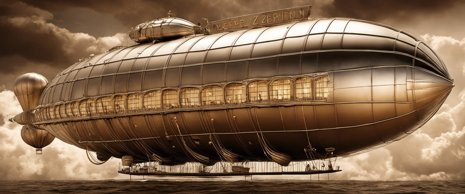 An image capturing the whimsical nostalgia of the Zeppelin era, with a sepia-toned backdrop showcasing a colossal airship majestically floating amidst billowing clouds, its sleek silver body adorned with intricate metallic details
