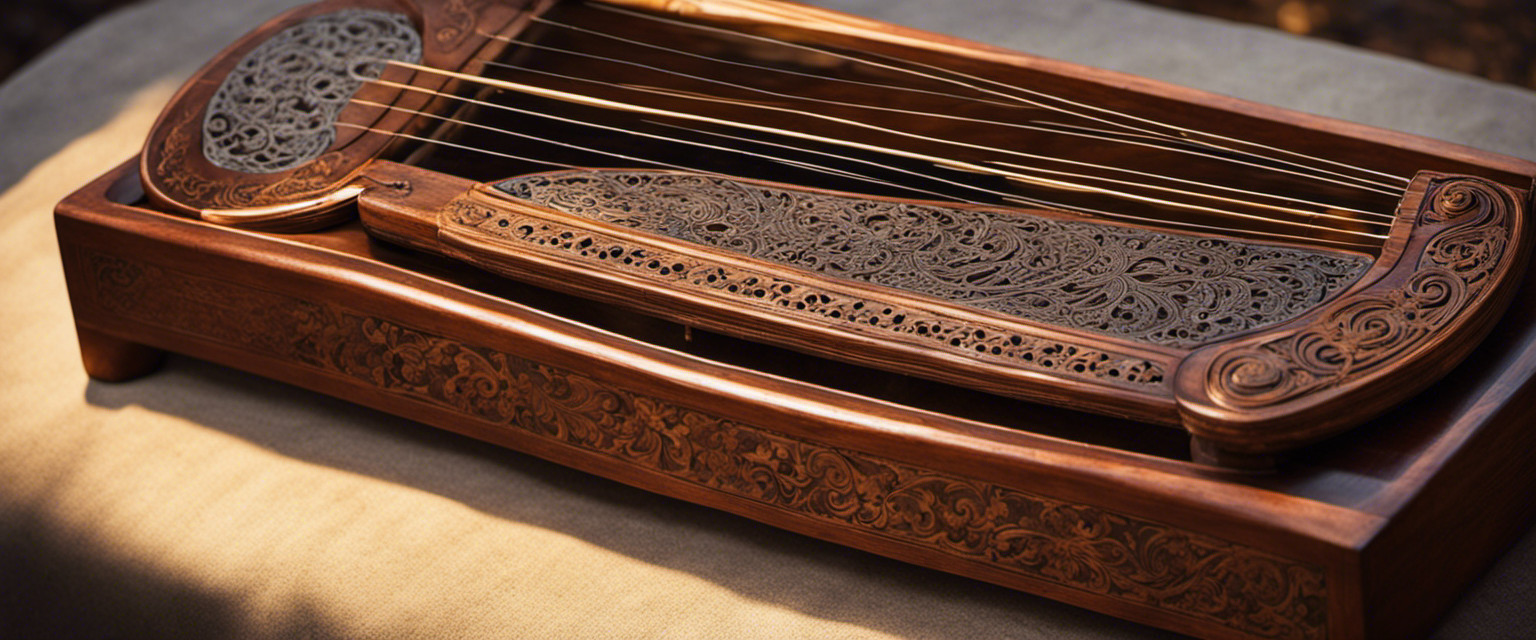 An image showcasing a vintage zither, adorned with intricate carvings, its strings delicately plucked by a musician in a dimly lit room, evoking the ambiance of forgotten melodies and the rich history of this enchanting instrument