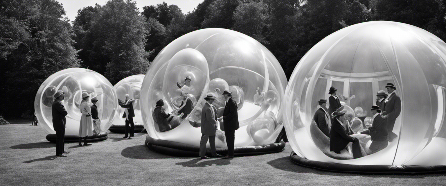 An image featuring a vintage black and white photograph of a group of perplexed Victorian individuals attempting to roll downhill inside giant inflated orbs, intertwined with colorful illustrations showcasing the evolution of zorbing throughout the years