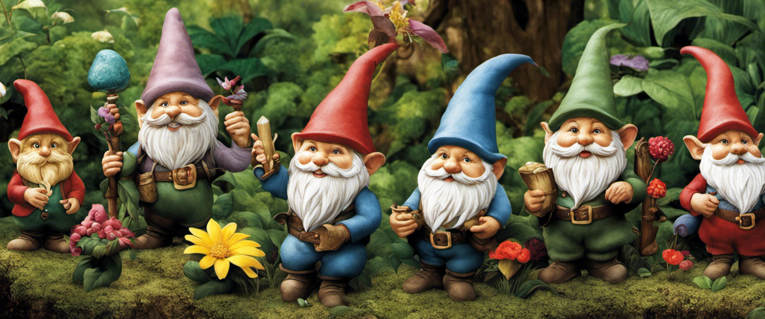 An image showcasing a lush, whimsical garden filled with an eclectic array of garden gnomes from various historical eras